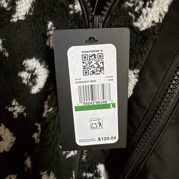 🖤🤍Converse Black and White Patterned Fleece Teddy Full Zip Jacket NWT Size Large - Picture 12 of 12